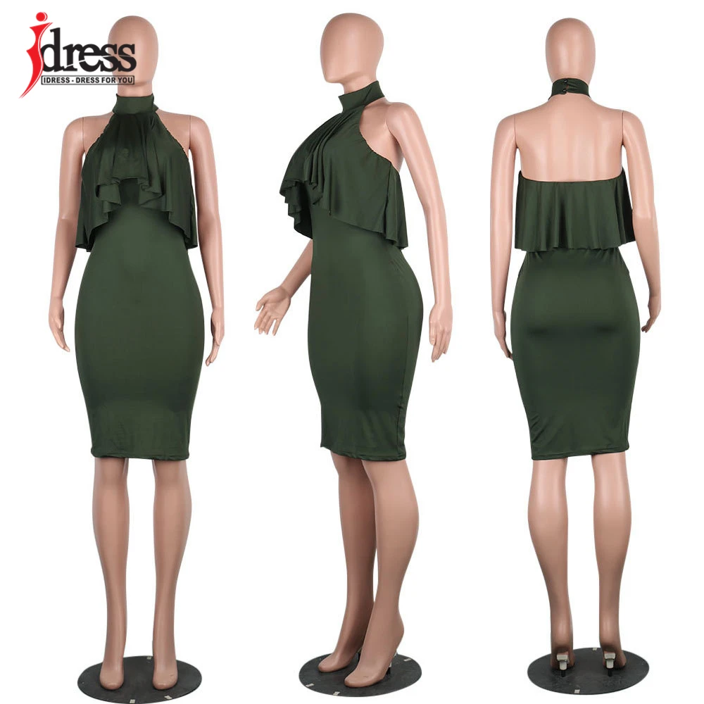 IDress Black Blue Green Red Dress Summer Women's Sexy Ruched Off Shoulder Halter Neck Bodycon Club Lotus Collar Midi Dress (2)