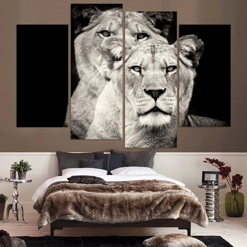 4 Panels Black and white lion Prints Canvas Paintings Wall Art Poster