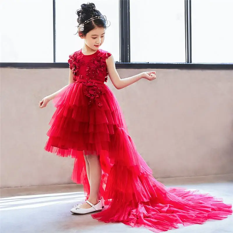 

2019 Kids Girls Lace Detachable Trailing Prom Dress Teens Girls Applique Mesh Formal Party Dress Children Pearl Ball Gown Q384