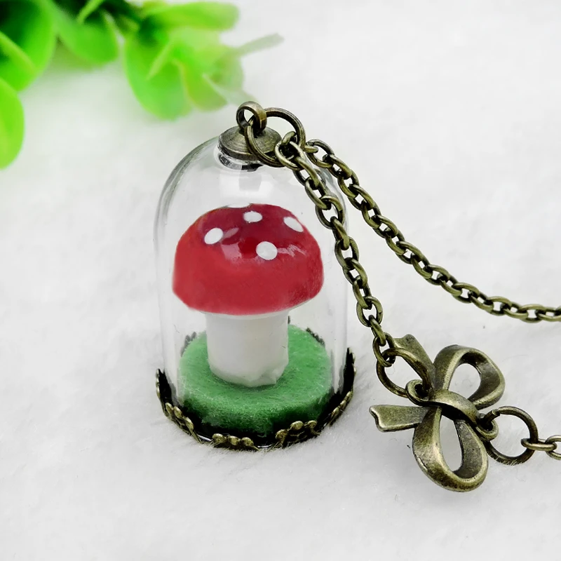 

Cute Girl Mushroom Necklace, Creative Crystal Bow Pendant Jewelry, Long Chain Glass Vial Necklace