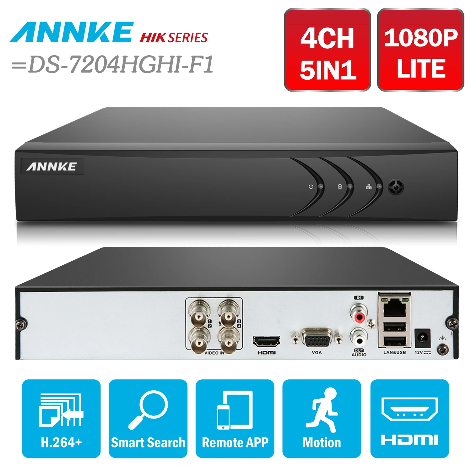 ANNKE 4CH 5in1 TVI CVI AHD Network 1080N DVR HDMI H.264+ DVR Video Recorder for Home Security Camera System =HIK DS-7204HGHI-F1