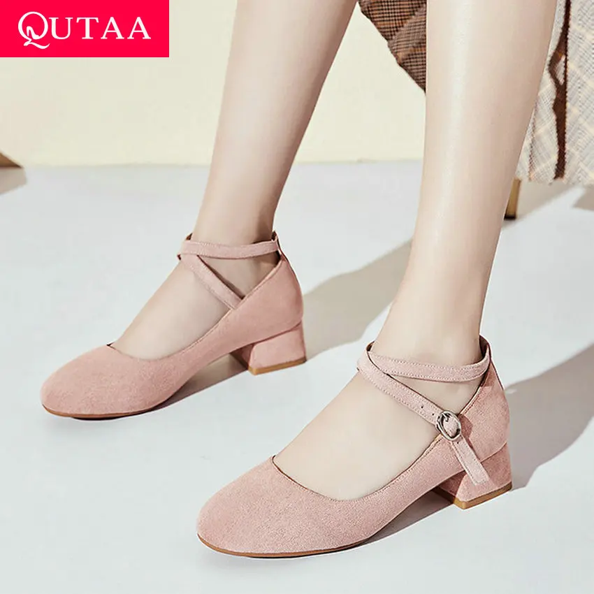 

QUTAA 2019 Women Pumps Square Med Heel Round Toe Flock Single Shoes Ankle Strap Buckle Sweet Ladies Pumps Cute Style Size 34-43