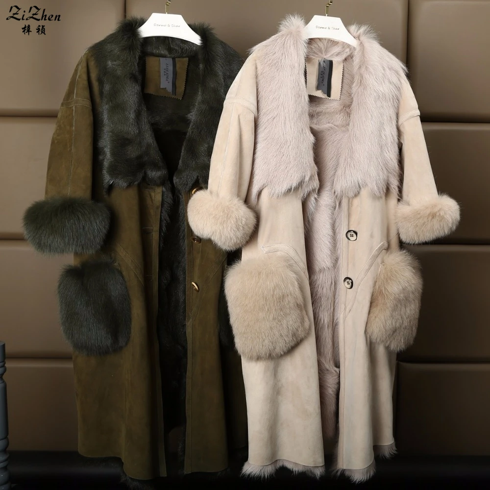 Зимнее длинное пальто из натурального двухстороннего меха Женское