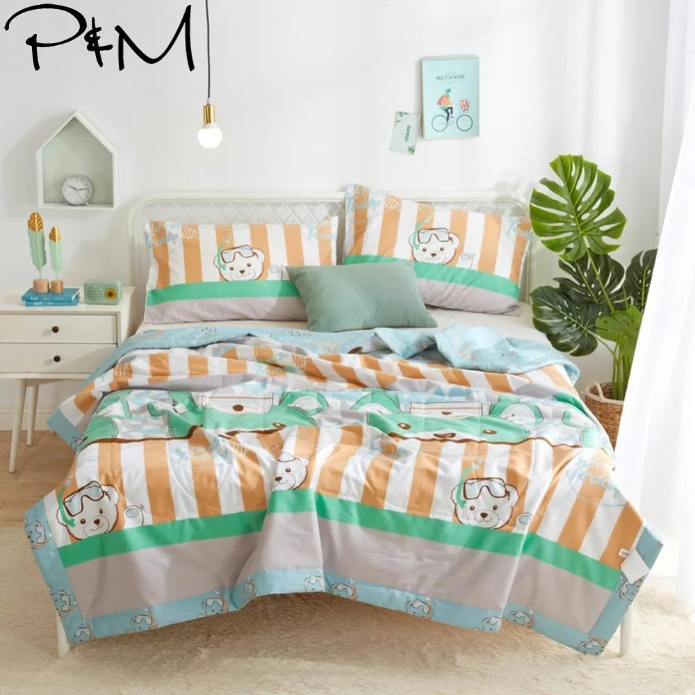 

2019 Yellow Stripes Bears Quilt Cotton air-condition Quilted Thin Comforter Summer Throws Blanket Twin Full Queen Size