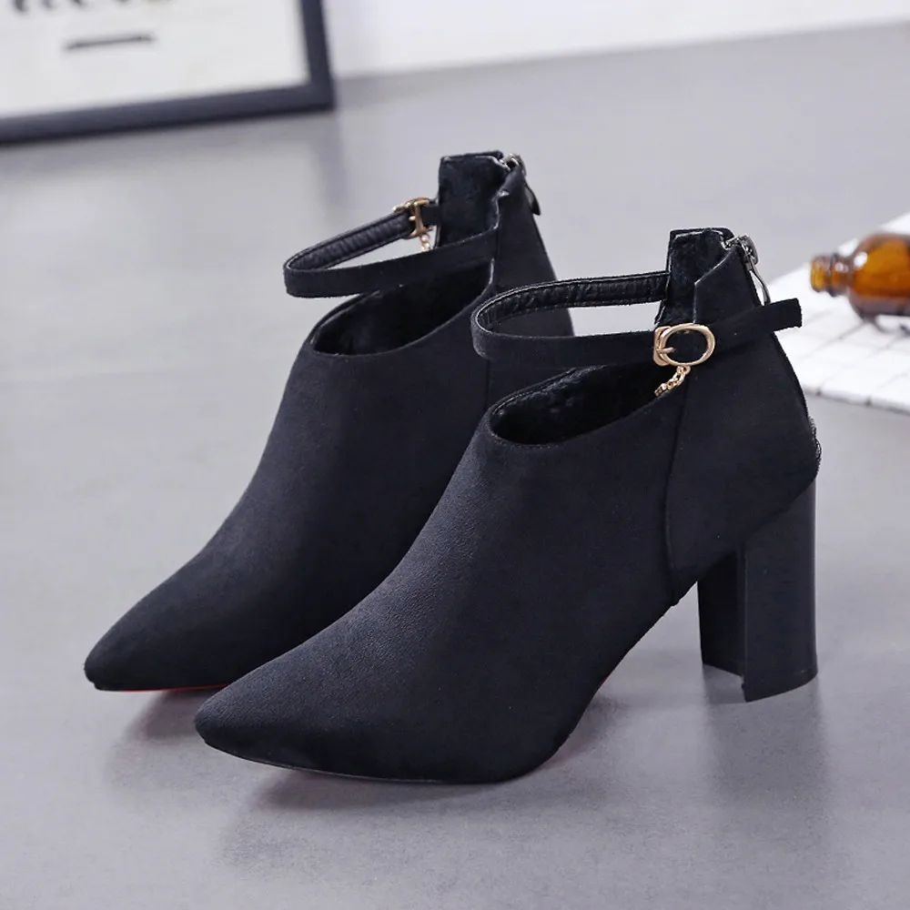 

2018 Spring Autumn Women Chelsea Boots Party Suede Strappy Thick Med High Heels Pointed Toe Shoes Woman