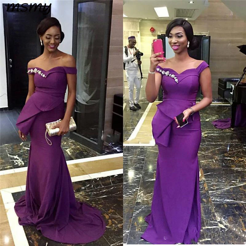 

Charming African Mermaid Purple Evening Dresses Long 2019 Sequined Off The Shoulder Special Occasion Gowns Customized