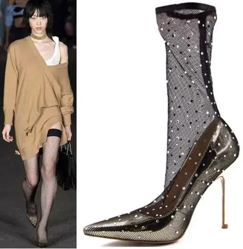

Hot Selling Pointed Toe Mesh Grid High Heel Boots Sexy Glitter Embellished Thin Heels Ankle Boots Runway Fashion Short Boots