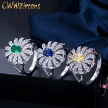 CWWZircons прекрасный цветок ромашка зеленый синий Цирконий Кристалл Белого Золота Цвет Модные женские Кольца Jewelry аксессуары R060