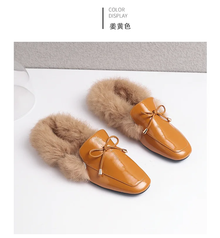 New genuine leather shoes rabbit hair shoes butterfly knot Muller half slippers for women in autumn and winter of
