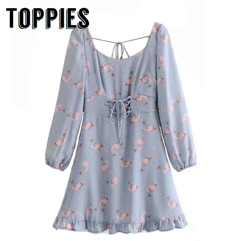 

2019 Spring Summer Women Floral Printing Slim Ruffles Dress Sexy Square Collar Vacation Dress Bandage Waist Mini Vestidos