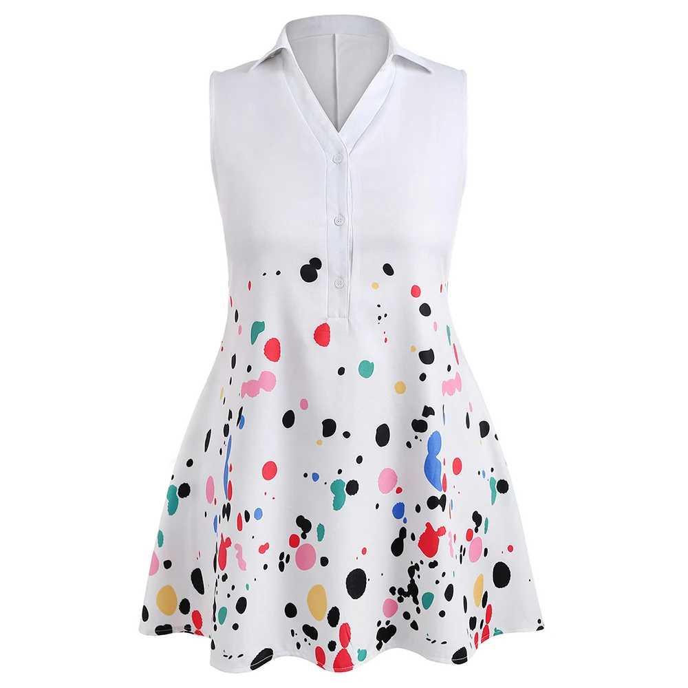 

Plus Size Buttons Ink Print Women Shirt Summer Sleeveless Top Collar Long Shirts Blouses Casual Ladies Tops 2018 Big Size Shirts