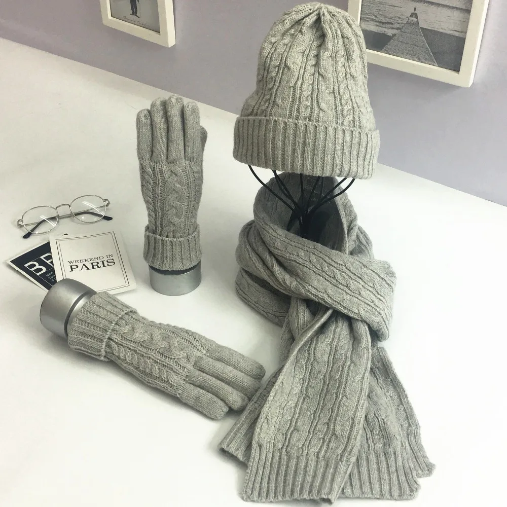 Осень/Зима Новая мода сплошной цвет Вязание Шерсть комплект из классический соломенная шляпа шарф перчатки костюм