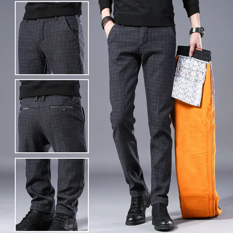 Зима, стиль, утолщенные теплые клетчатые брюки, мужские повседневные штаны, мужские деловые модные плотные брюки для мужчин