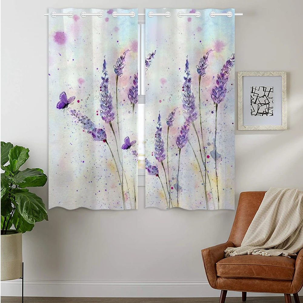 

Blackout Curtains Darkening 2 Panels Grommet Window Curtain for Bedroom Purple Lavender Flowers Butterfly Watercolor