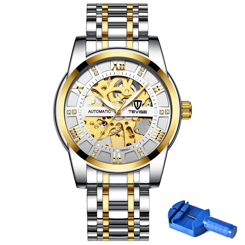 Автоматические часы со скелетом TEVISE T9005A, бриллиантовая шкала, светящиеся стрелки, мужские механические часы, Классические наручные часы - Цвет: Gold White tool