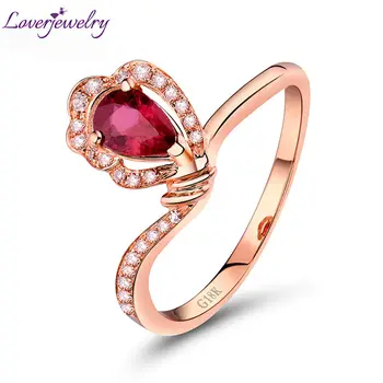 

Women Rings For Engagement Party Pear 4x6mm Solid 18K Rose Gold Natural Ruby Diamonds Wedding Ring Wife Loving Best Jewelry Gift