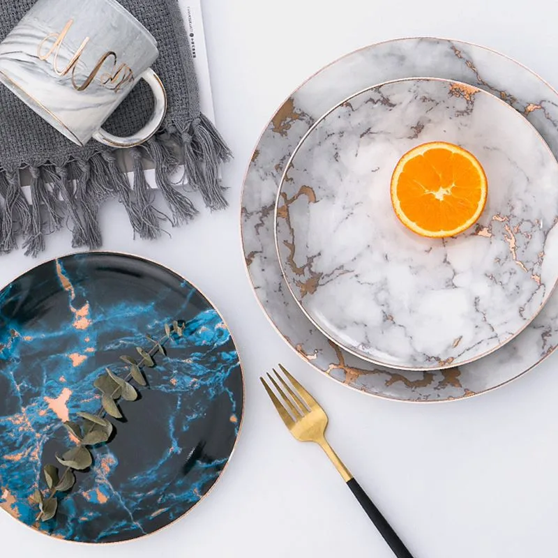 

European Style Marble Plates Ceramic Tableware Gold Inlay Porcelain Dessert Plate Steak Salad Snack Cake Plates Tableware
