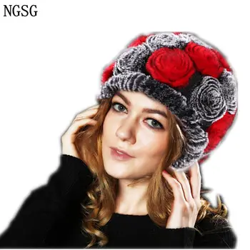 

Women winter knitted fur rex rabbit caps soft fashion flowers Skullies beanie hat for girl genuine rose floral hats bonnet