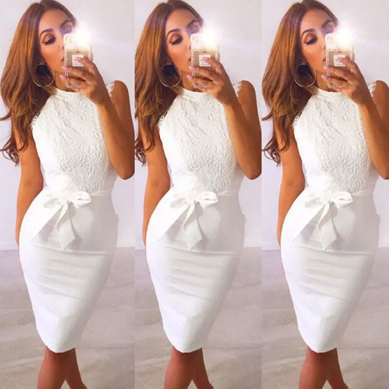Summer new Sexy Women crew neck sleeveless Lace floral Evening Party bodycon Dress elegant female white lace slim dresses
