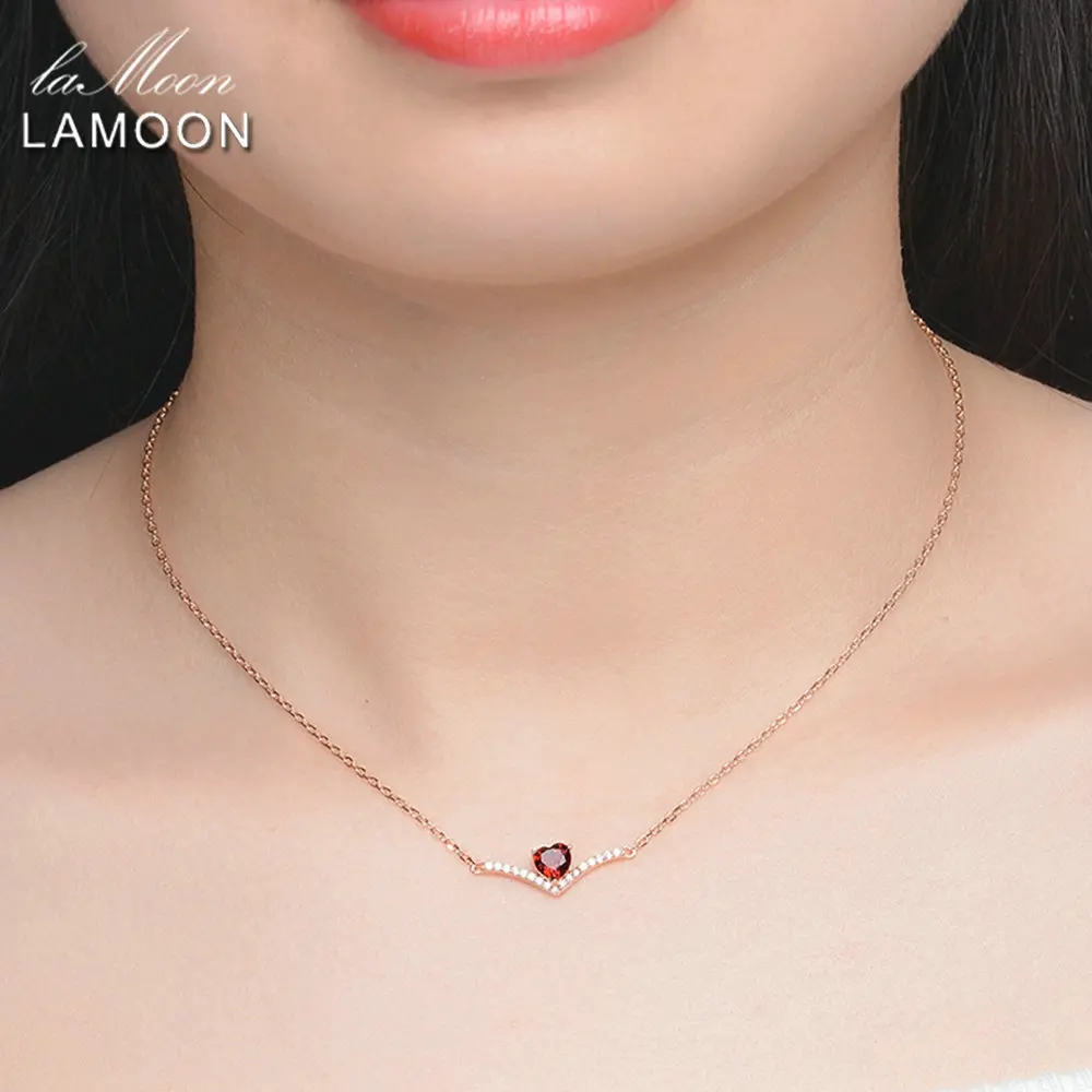 Lamoon Elegent 4mm Natural Heart Red Garnet 925 Sterling Silver Chain Pendant Necklace Women Jewelry S925 LMNI044