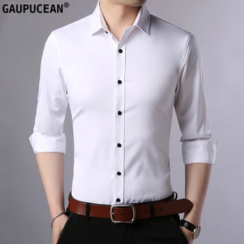 

Cotton Bamboo Easy Care Slim Man Shirts full Long Sleeve single breasted soft Solid White Business Formal Men Dress Shirt