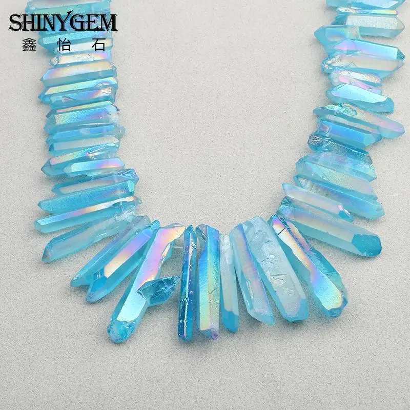 15.5Strand Light Blue AB Titanium Quartz Crystal Top Drilled Point Pendant BeadsRock Raw Crystal Pillar Beads Jewelry Fashion Jewelry
