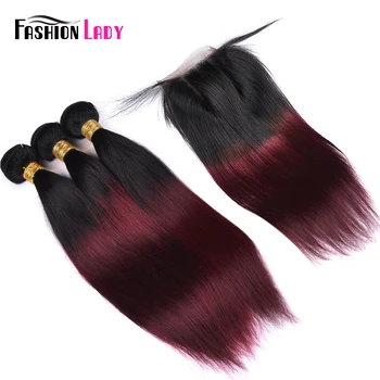 

FASHION LADY Pre-Colored Human Hair Ombre Bundles With Closure 1B/99J Malaysian Straight 3 Bundles With Closure 4*4 Non-Remy