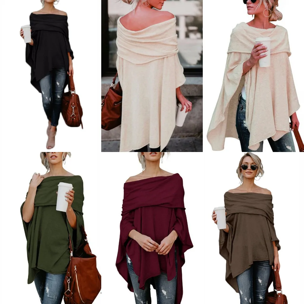

6 Colors Female Off Shoulder Sweater Asymmetric Overlap Solid Poncho Pullover Sweater Fashion Clothing Casual Tops For Women