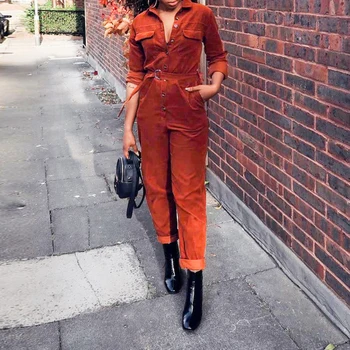 

2018 Women V-Neck Straight Leg Pockets Overalls Jumpsuit Playsuit Romper Long Pants Corduroy Trousers With Belt