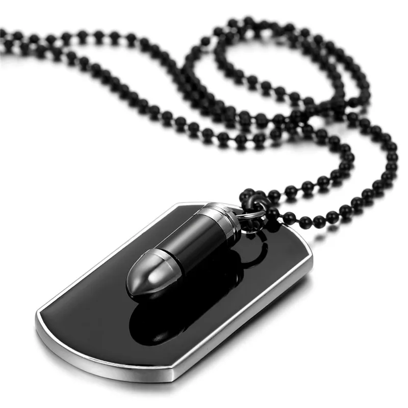 BONISKISS Men Jewelry Army Style Bullet Dog Tag Pendant Man Necklace Black Silver Color 27 inch Chain Unique Design Engrave