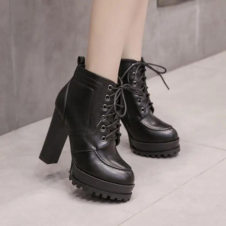 

2018 autumn new wild thick-soled high-heeled lace Martin boots thick with high-heeled ankle boots
