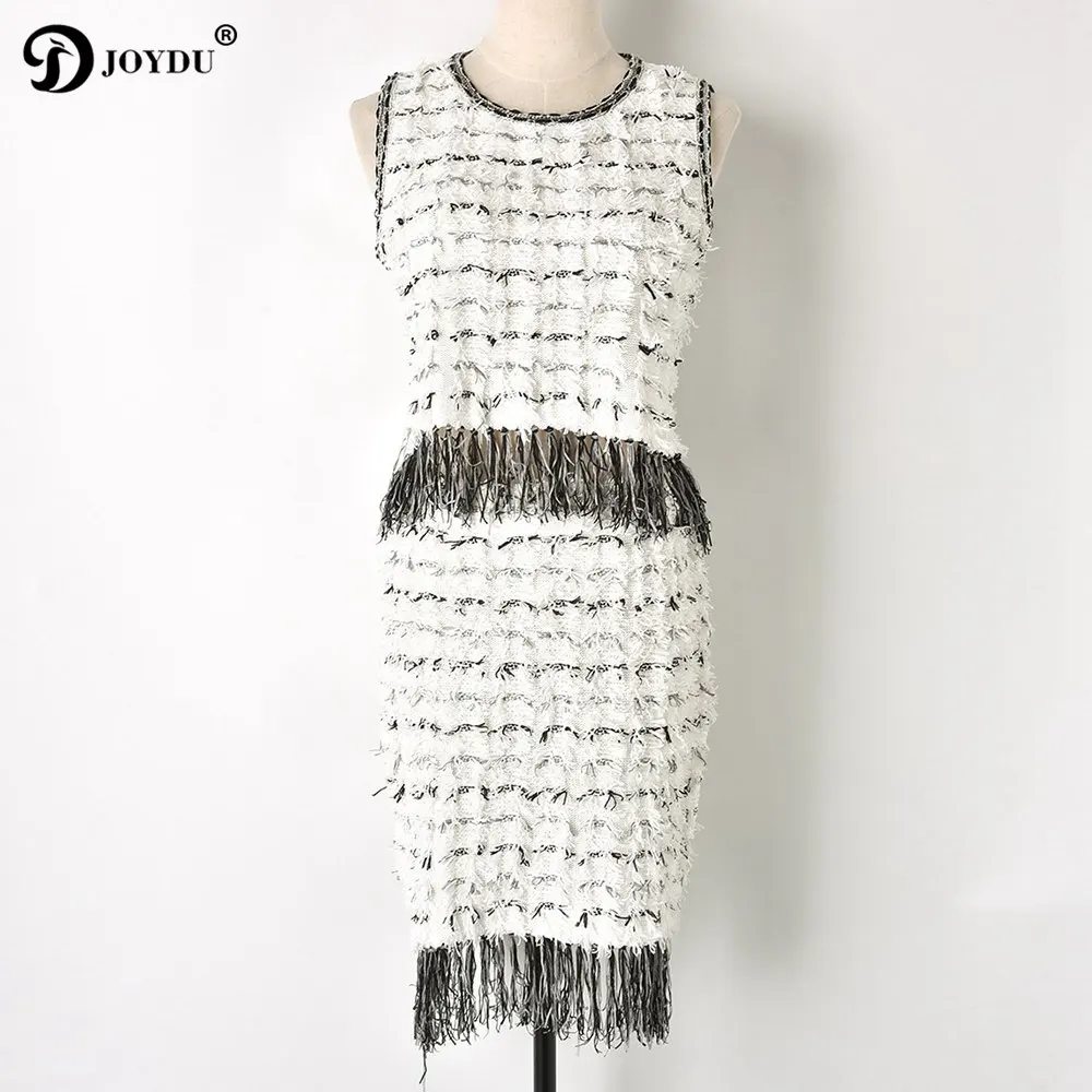 JOYDU Runway Knit Summer Dress 2018 New Sleeveless Stripes Tassel Novelty Crop Top Skirt Suit Two Piece Set Fashion Women's |