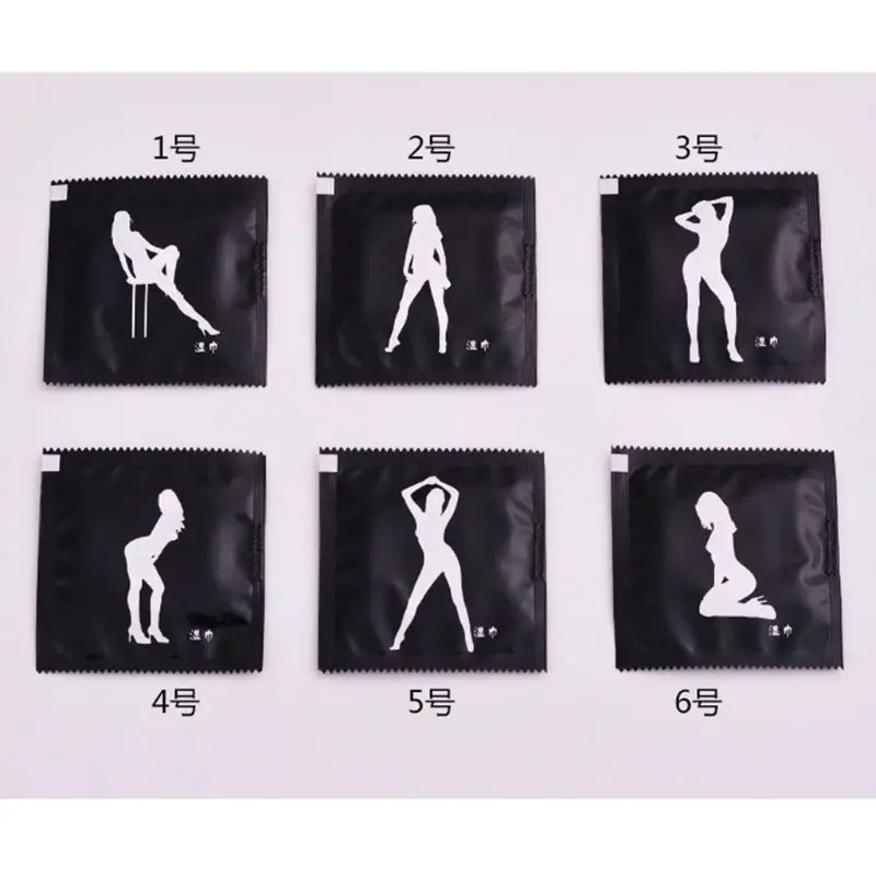10Pcs Set Creative Tricky Joke Funny Condom Shape Wet Wipes Towel Sexy Lady Printed Potable Individually 5