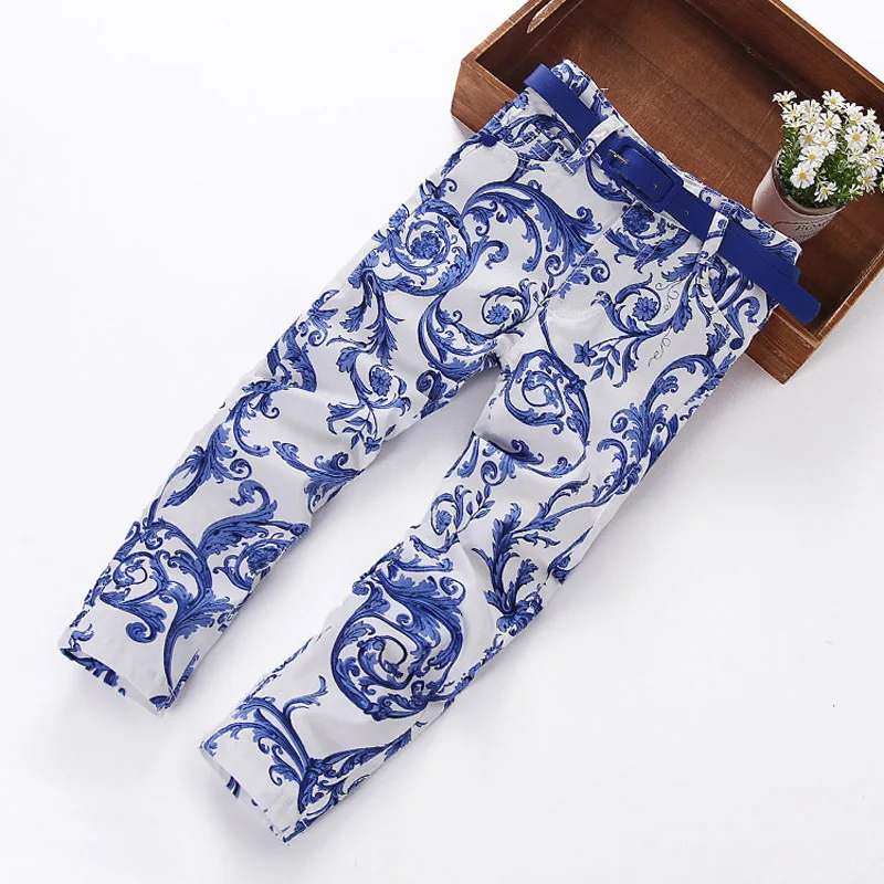 VORO BEVE GIRLS clothing fashion print floral girls jeans with belt cotton children brand trousers pants