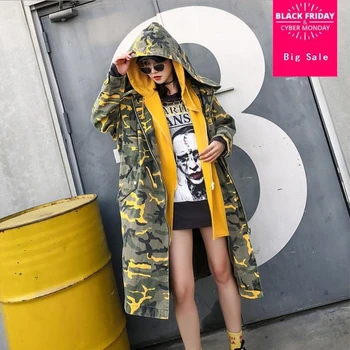

Autumn Thai street fashion camouflage hooded long windbreaker coat female loose casual stitching fake two trench outerwear L1409