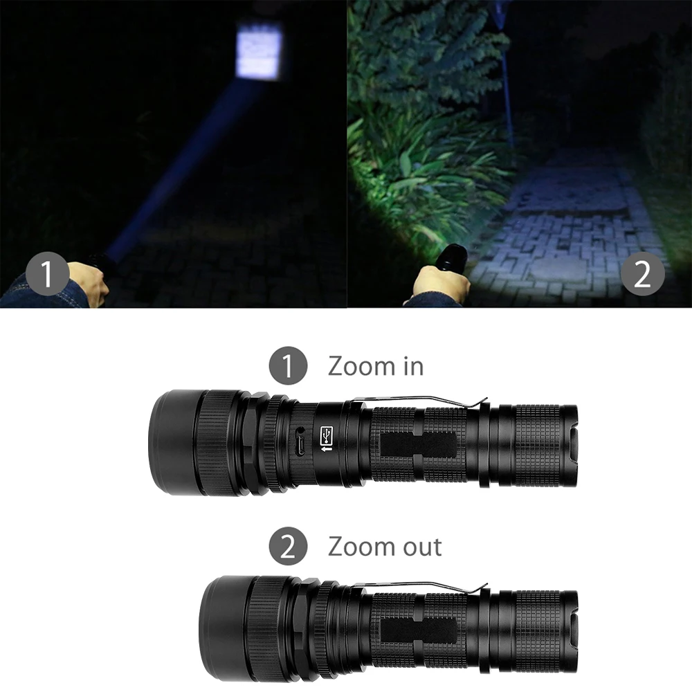 P50 LED Tactical Flashlight 5 Modes Zoomable Torch Waterproof USB Charging 26650 Scout Hunting Flash Light With Clip Tail Rope