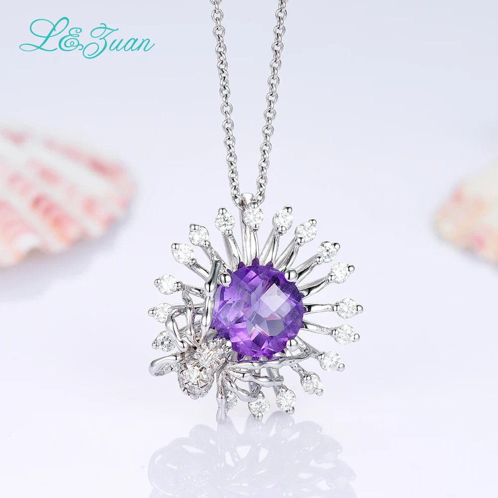 L& Цзуань 925 пробы серебро натуральный 1.64ct Аметист ожерелье с фиолетовым камнем и кулон для женщины с серебряной цепочкой Рождественский подарок