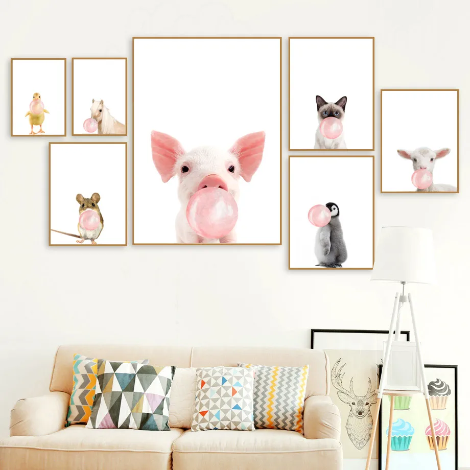 

Cartoon Horse Cat Penguin Duck Mouse Balloon Wall Art Canvas Painting Nordic Posters And Prints Wall Pictures Kids Room Decor