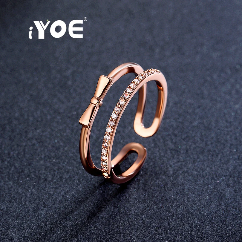 

IYOE Rose Gold Color Open Shape Bow Rings Latest Round Cut CZ Crystal Midi Knuckle Rings For Women