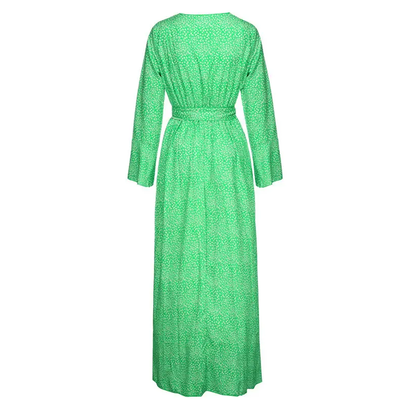 Fashion Women V-Neck Long Dress 2019 Flare Sleeve Elegant Bohemia Floral Print Bow Bandage Maxi Dress Vestidos Plus Size 3Y22 (19)