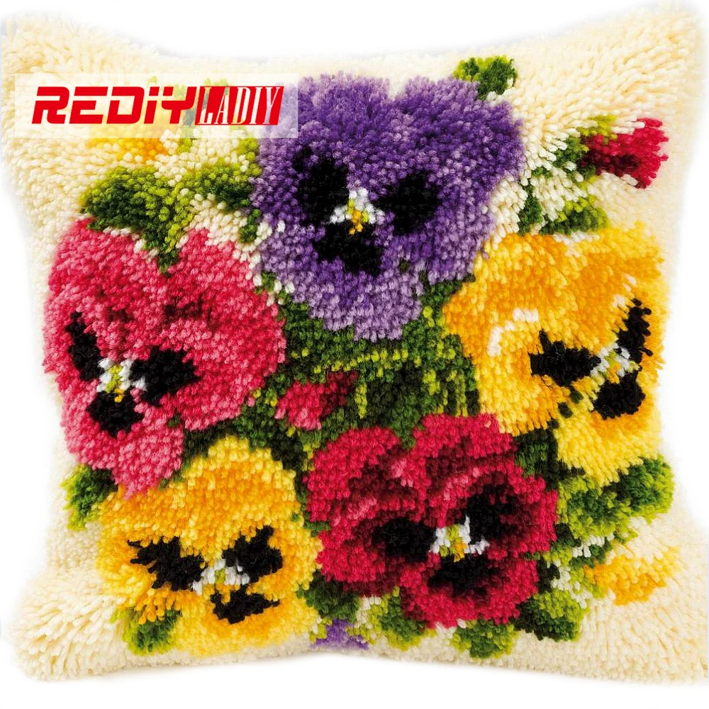 

Latch Hook Cushion Kits Gift DIY Needlework Crocheting Throw Pillow Unfinished Yarn Embroidery Set Pillowcase VIOLETS FLOWERS
