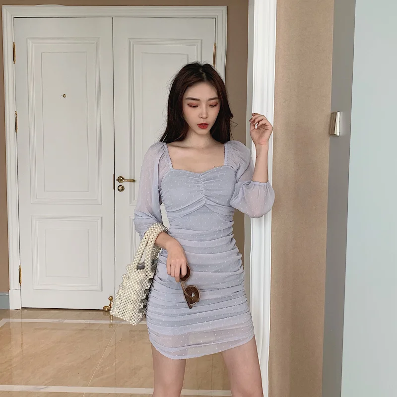 

summer new dress woman Korean style Women Clothing fashion brand square collar full sleeve Backless Package hip bodycon dresses