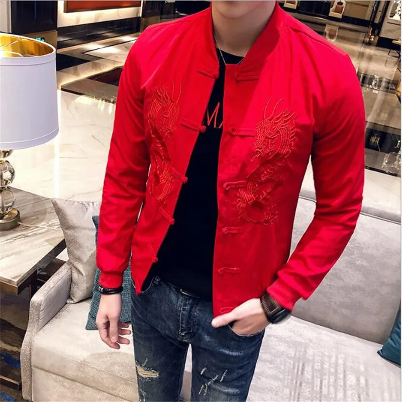 

2018 Fashion Chinese Style Restoration Gulong Embroidery Shape Jacket British Men's Red Jacket Coat