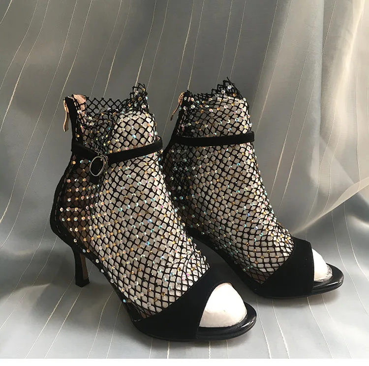 Phoentin с украшением в виде кристаллов из сетчатого материала; летние сапоги; пикантные женские ботинки на молнии босоножки; туфли-лодочки с открытым носком ботинки Обувь на высоком каблуке с пряжкой; женская обувь черного цвета FT626