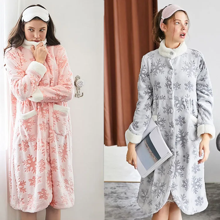 Женский зимний теплый фланелевый Халат с пуговицами и принтом снежинки, банный халат с карманами, Дамская пижама, ночная рубашка, одежда для сна, домашняя одежда