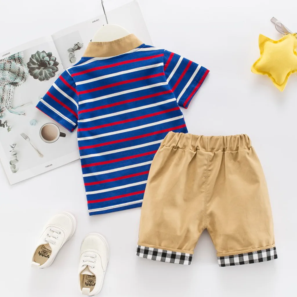 Джентльменские комплекты одежды для новорожденных мальчиков; детская одежда; футболка в полоску; клетчатые шорты; комплект из 2 предметов; Прямая поставка