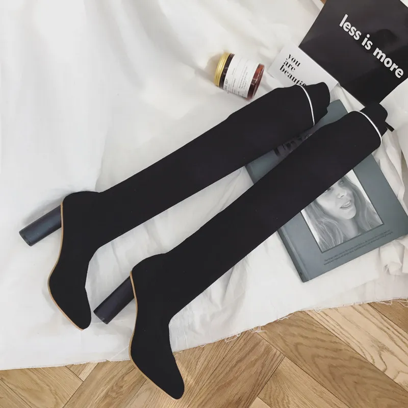 

2018 autumn and winter knitted knee boots high-heeled elastic socks boots thick with thin legs long tube female boots tide.