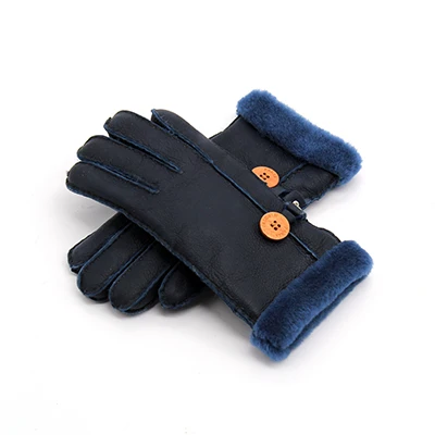 Женские зимние теплые перчатки, новинка, модные перчатки из натуральной кожи и шерсти с мехом, милые кожаные зимние теплые перчатки из овечьей кожи для девушек, варежки - Цвет: Dark Blue
