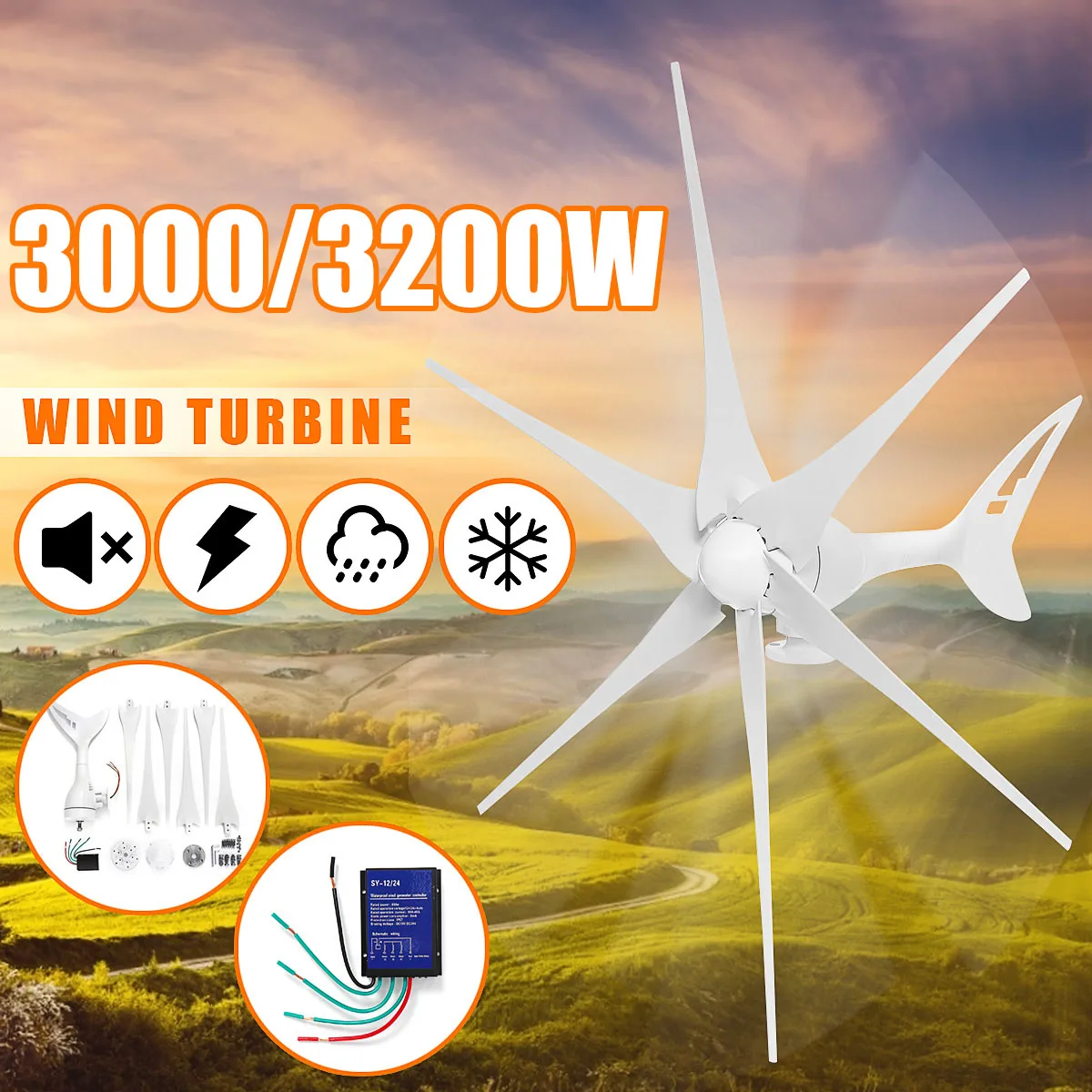 Генератор для ветряных турбин 3KW 3200 Вт 12/24V 3/6 ветра лопатки вариант контроллер движения воздуха подарок подходит для домашний фонарь+ контроллер