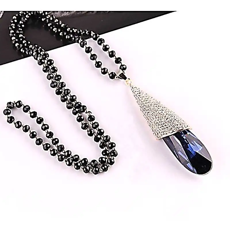 Beaded Chain Water Drop Crystal Long Pendant Necklace Women Classic